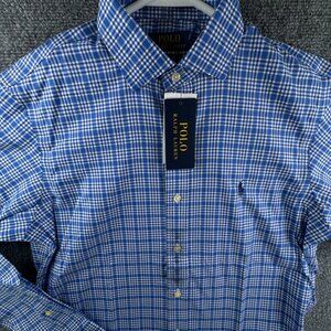 NWT Polo Ralph Lauren EASY CARE Button Up Shirt BLUE WHITE Check 14.5 32/33